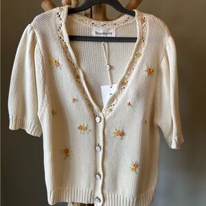 Heartloom Cream Short-Sleeve Button Cardigan with Pastel Floral Embroidery